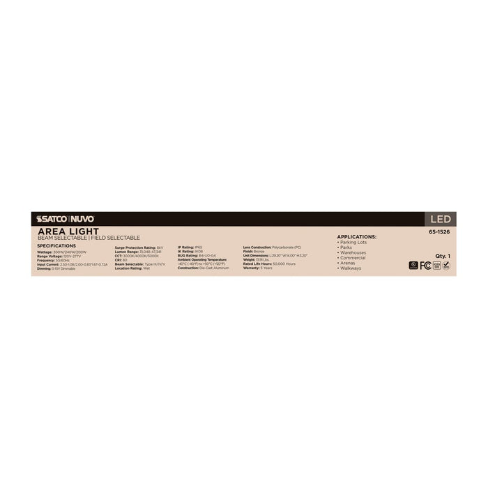 Area Light Nuvo 65-1526 LED Area Light - 300/240/200 Wattage Selectable - 3K/4K/5K CCT Selectable - Beam Angle Selectable - Bronze - 120-277 Volt Nuvo