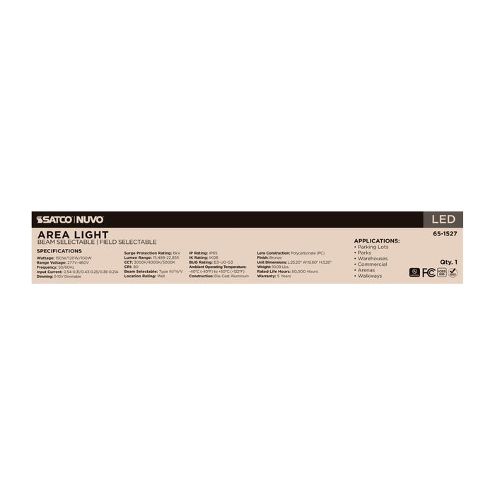 Area Light Nuvo 65-1527 LED Area Light - 150/120W/100W Wattage Selectable - 3K/4K/5K CCT Selectable - Beam Angle Selectable - Bronze - 277-480 Volt Nuvo
