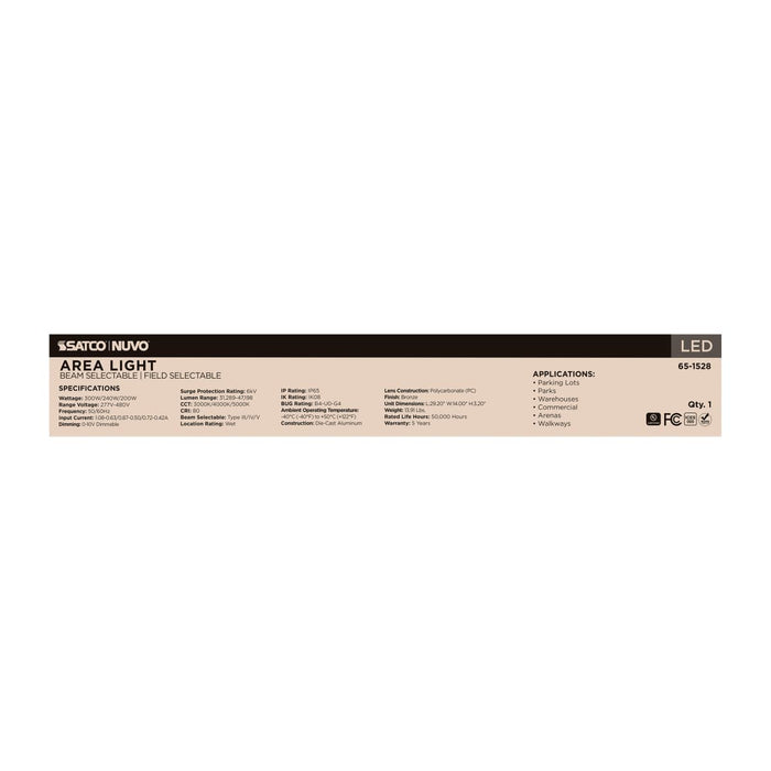 Area Light Nuvo 65-1528 LED Area Light - 300/240/200 Wattage Selectable - 3K/4K/5K CCT Selectable - Beam Angle Selectable - Bronze - 277-480 Volt Nuvo