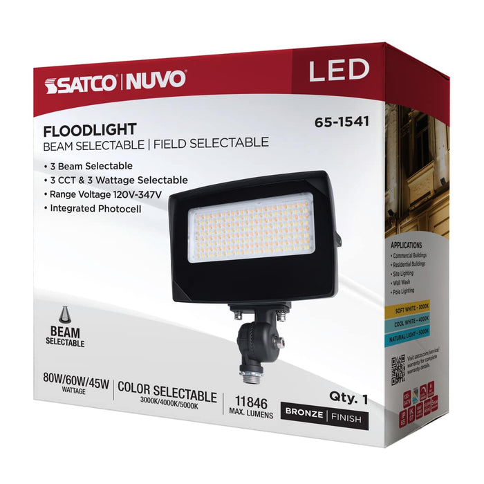 Flood Light Nuvo 65-1541 LED Flood Light - 80/60/45 Wattage Selectable - 3K/4K/5K CCT Selectable - Beam Angle Selectable - Bronze Finish - 120-347 Volt Nuvo