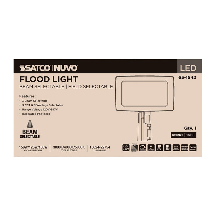 Flood Light Nuvo 65-1542 LED Flood Light - 150/125/100 Wattage Selectable - 3K/4K/5K CCT Selectable - Beam Angle Selectable - Bronze Finish - 120-347 Volt Nuvo