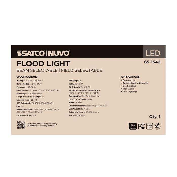 Flood Light Nuvo 65-1542 LED Flood Light - 150/125/100 Wattage Selectable - 3K/4K/5K CCT Selectable - Beam Angle Selectable - Bronze Finish - 120-347 Volt Nuvo