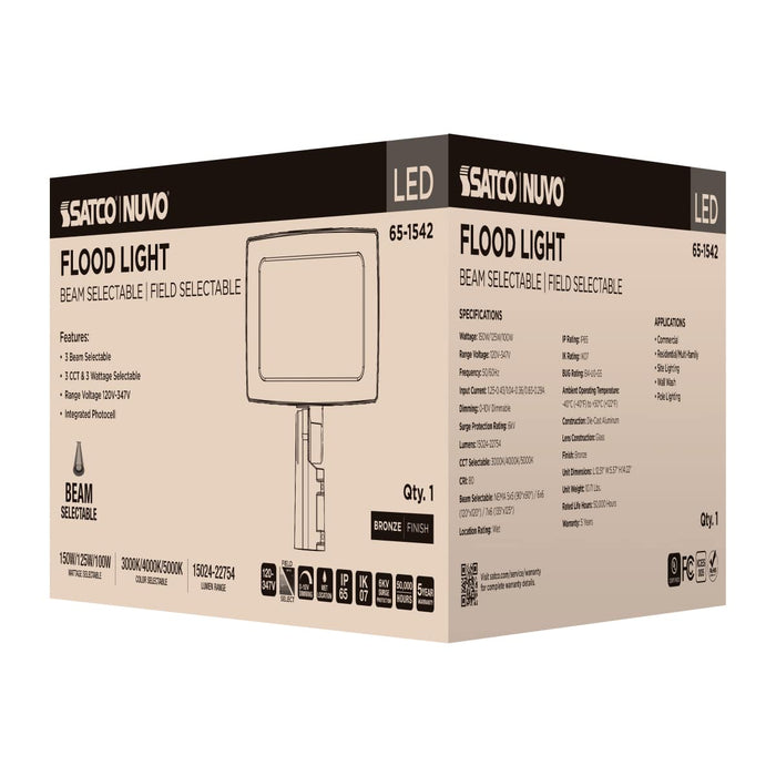 Flood Light Nuvo 65-1542 LED Flood Light - 150/125/100 Wattage Selectable - 3K/4K/5K CCT Selectable - Beam Angle Selectable - Bronze Finish - 120-347 Volt Nuvo