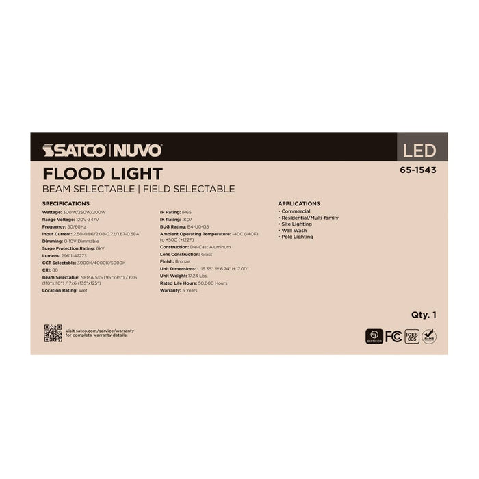 Flood Light Nuvo 65-1543 LED Flood Light - 300/250/200 Wattage Selectable - 3K/4K/5K CCT Selectable - Beam Angle Selectable - Bronze Finish - 120-347 Volt Nuvo