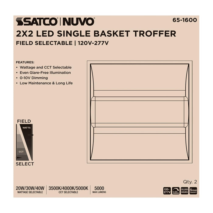 Troffer Nuvo 65-1600 20/30/40 Watt - 35K/4K/5K CCT Selectable - 2X2 LED Single Basket Troffer - 120-277 Volt - White Finish Nuvo