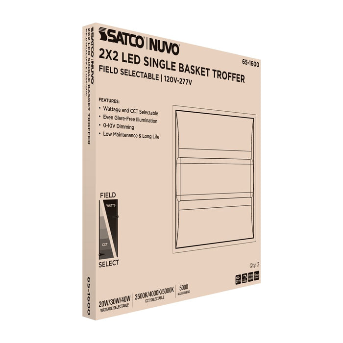 Troffer Nuvo 65-1600 20/30/40 Watt - 35K/4K/5K CCT Selectable - 2X2 LED Single Basket Troffer - 120-277 Volt - White Finish Nuvo