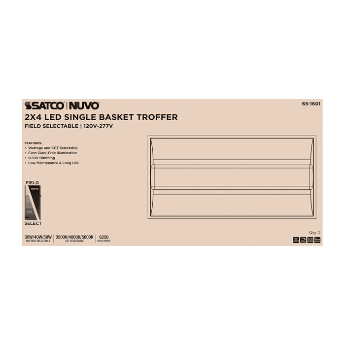 Troffer Nuvo 65-1601 30/40/50 Watt - 35K/4K/5K CCT Selectable - 2X4 LED Single Basket Troffer - 120-277 Volt - White Finish Nuvo
