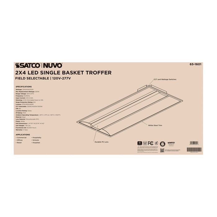 Troffer Nuvo 65-1601 30/40/50 Watt - 35K/4K/5K CCT Selectable - 2X4 LED Single Basket Troffer - 120-277 Volt - White Finish Nuvo