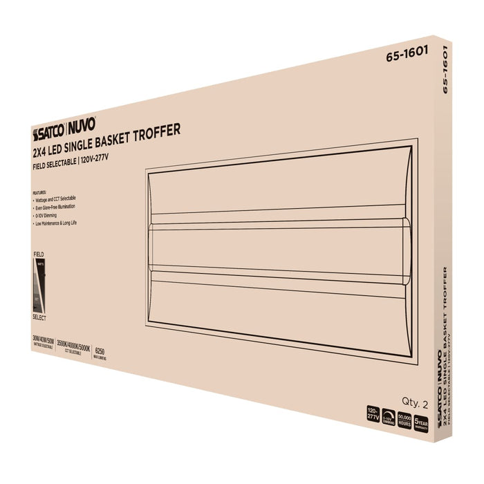 Troffer Nuvo 65-1601 30/40/50 Watt - 35K/4K/5K CCT Selectable - 2X4 LED Single Basket Troffer - 120-277 Volt - White Finish Nuvo