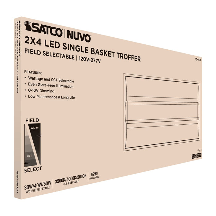 Troffer Nuvo 65-1601 30/40/50 Watt - 35K/4K/5K CCT Selectable - 2X4 LED Single Basket Troffer - 120-277 Volt - White Finish Nuvo