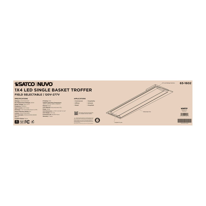 Troffer Nuvo 65-1602 20/30/40 Watt - 35K/4K/5K CCT Selectable - 1X4 LED Single Basket Troffer - 120-277 Volt - White Finish Nuvo