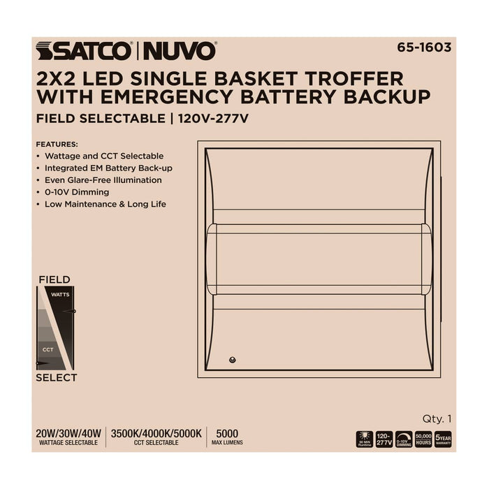 Troffer Nuvo 65-1603 2X2 LED Single Basket Troffer - Emergency Battery - Field Selectable - 120-277 Volt - White Finish Nuvo