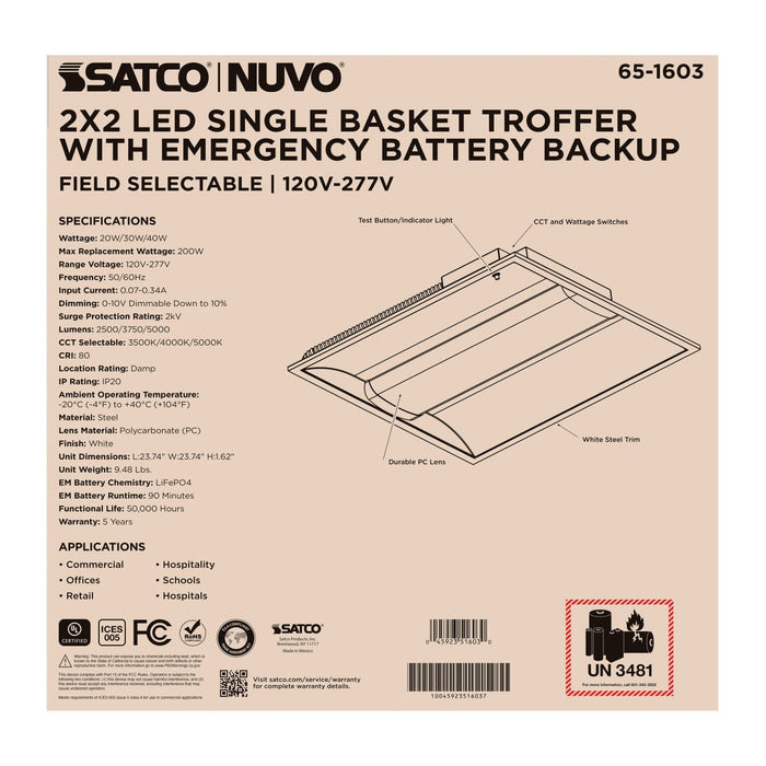 Troffer Nuvo 65-1603 2X2 LED Single Basket Troffer - Emergency Battery - Field Selectable - 120-277 Volt - White Finish Nuvo
