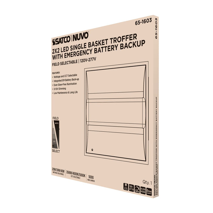 Troffer Nuvo 65-1603 2X2 LED Single Basket Troffer - Emergency Battery - Field Selectable - 120-277 Volt - White Finish Nuvo