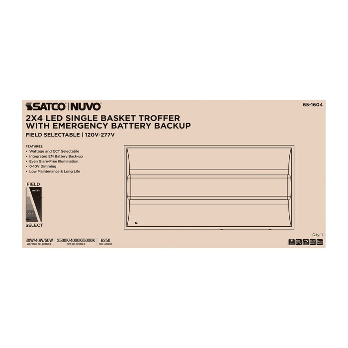 Troffer Nuvo 65-1604 2X4 LED Single Basket Troffer - Emergency Battery - Field Selectable - 120-277 Volt - White Finish Nuvo