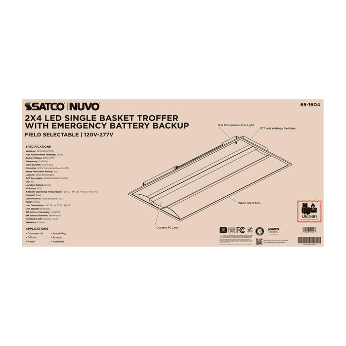 Troffer Nuvo 65-1604 2X4 LED Single Basket Troffer - Emergency Battery - Field Selectable - 120-277 Volt - White Finish Nuvo
