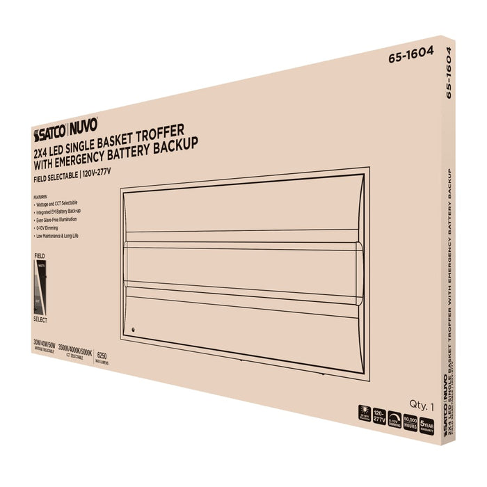 Troffer Nuvo 65-1604 2X4 LED Single Basket Troffer - Emergency Battery - Field Selectable - 120-277 Volt - White Finish Nuvo