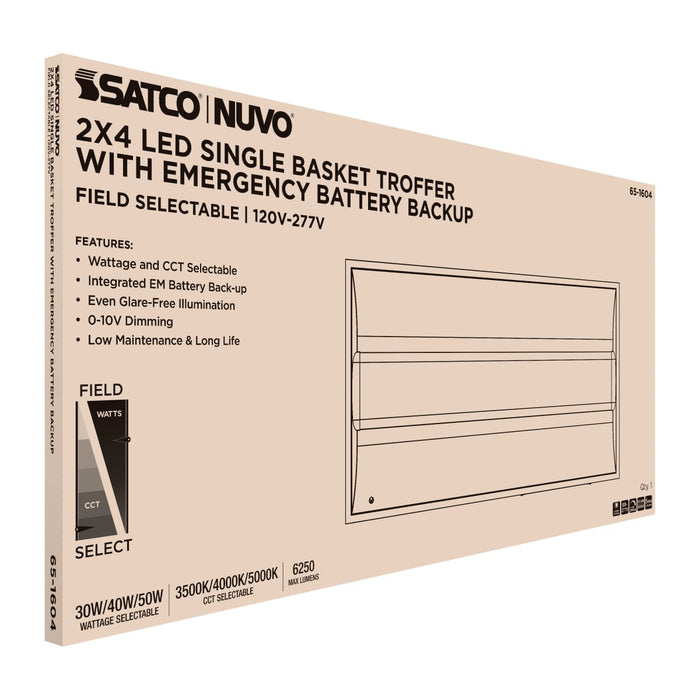 Troffer Nuvo 65-1604 2X4 LED Single Basket Troffer - Emergency Battery - Field Selectable - 120-277 Volt - White Finish Nuvo