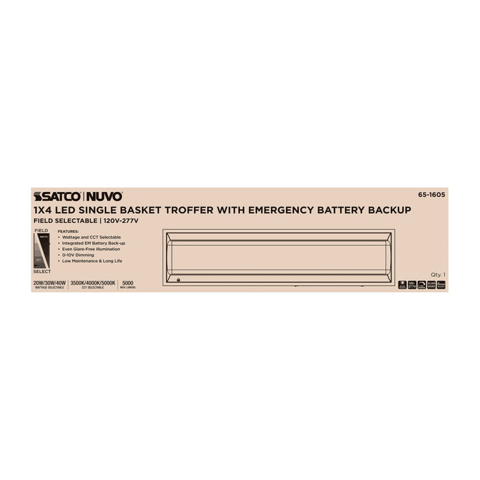 Troffer Nuvo 65-1605 1X4 LED Single Basket Troffer - Emergency Battery - Field Selectable - 120-277 Volt - White Finish Nuvo