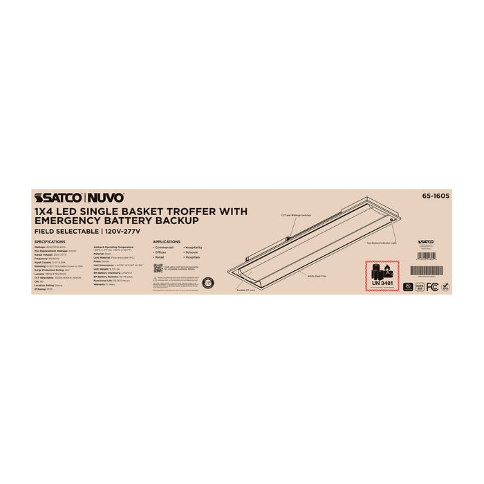 Troffer Nuvo 65-1605 1X4 LED Single Basket Troffer - Emergency Battery - Field Selectable - 120-277 Volt - White Finish Nuvo