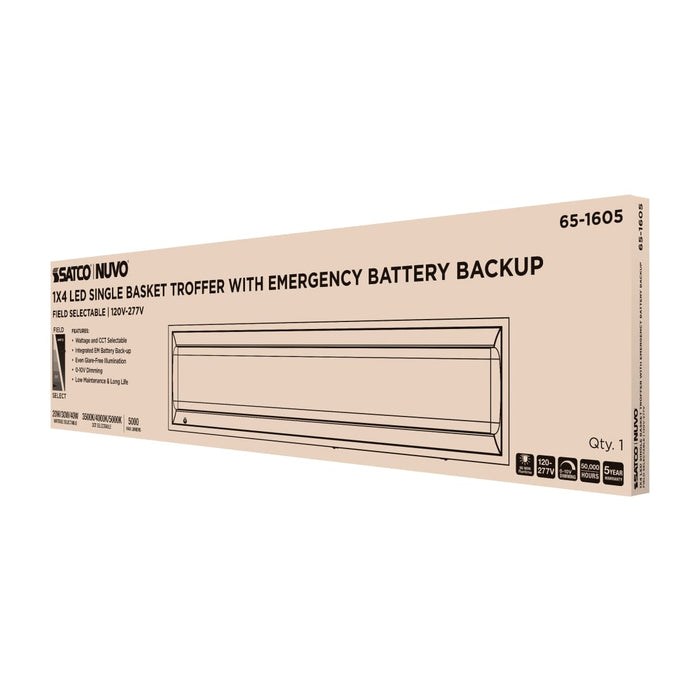 Troffer Nuvo 65-1605 1X4 LED Single Basket Troffer - Emergency Battery - Field Selectable - 120-277 Volt - White Finish Nuvo