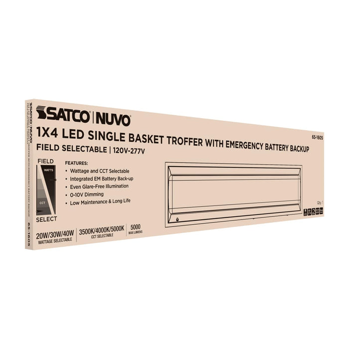 Troffer Nuvo 65-1605 1X4 LED Single Basket Troffer - Emergency Battery - Field Selectable - 120-277 Volt - White Finish Nuvo