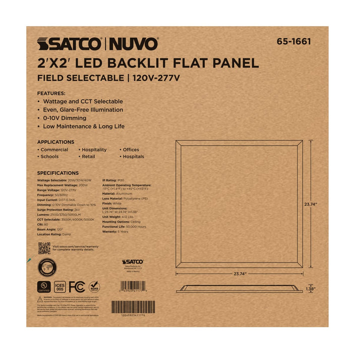 Flat Panel Nuvo 65-1661 20/30/40 Wattage Selectable LED 2ft x 2ft Backlit Panel - 35K/4K/5K CCT Selectable - 120-277 Range Voltage - White Finish Nuvo