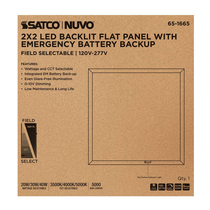 Flat Panel Nuvo 65-1665 20/30/40 Wattage Selectable LED 2ft x 2ft Backlit Panel - 35K/4K/5K CCT Selectable - Emergency Battery - 120-277 Range Voltage - White Finish Nuvo