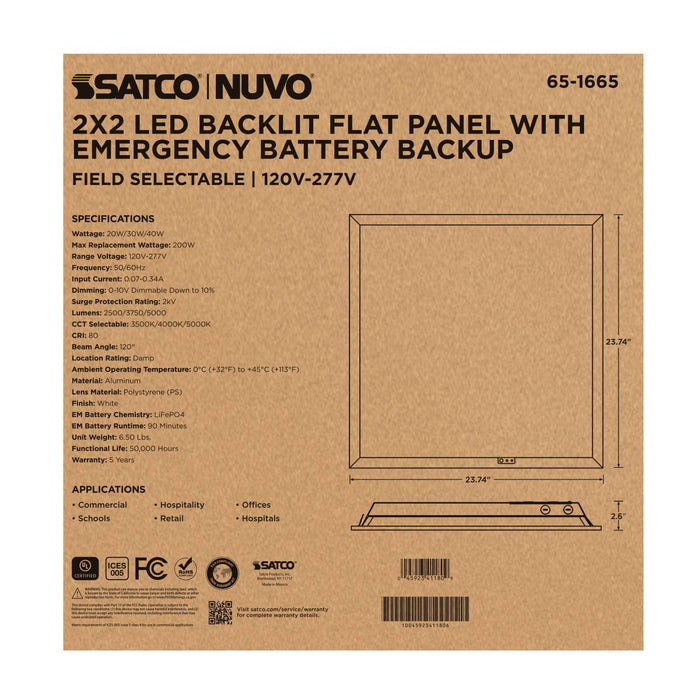 Flat Panel Nuvo 65-1665 20/30/40 Wattage Selectable LED 2ft x 2ft Backlit Panel - 35K/4K/5K CCT Selectable - Emergency Battery - 120-277 Range Voltage - White Finish Nuvo