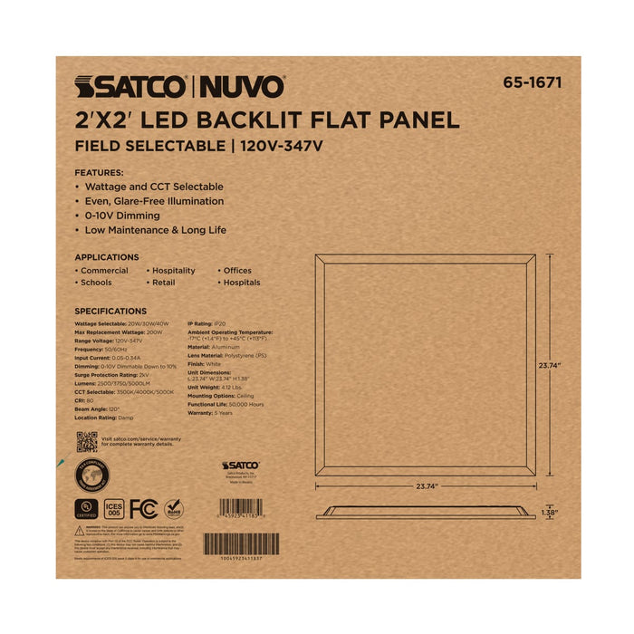 Flat Panel Nuvo 65-1671 20/30/40 Wattage Selectable LED 2ft x 2ft Backlit Panel - 35K/4K/5K CCT Selectable - 120-347 Range Voltage - White Finish Nuvo