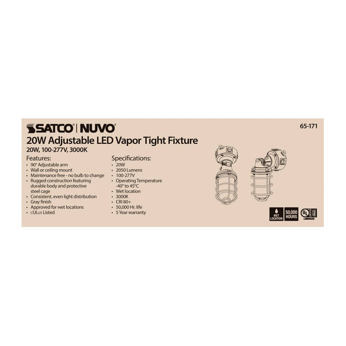 Vapor Proof Nuvo 65-171 LED Adjustable Vapor Tight Fixture - 20W - 3000K - Gray Finish - 100-277V Nuvo