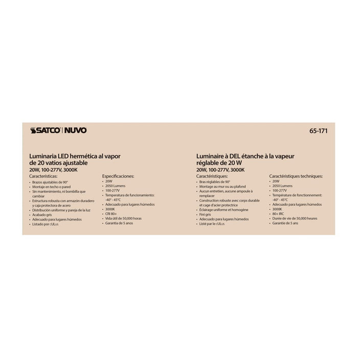 Vapor Proof Nuvo 65-171 LED Adjustable Vapor Tight Fixture - 20W - 3000K - Gray Finish - 100-277V Nuvo
