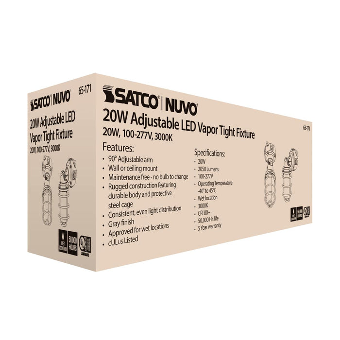 Vapor Proof Nuvo 65-171 LED Adjustable Vapor Tight Fixture - 20W - 3000K - Gray Finish - 100-277V Nuvo