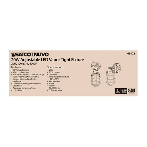 Vapor Proof Nuvo 65-172 LED Adjustable Vapor Tight Fixture - 20W - 4000K - Gray Finish - 100-277V Nuvo