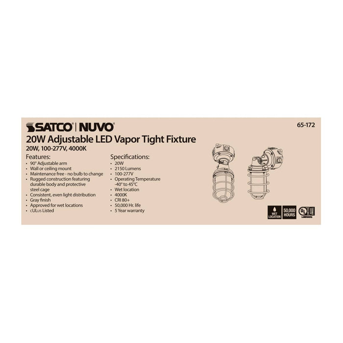 Vapor Proof Nuvo 65-172 LED Adjustable Vapor Tight Fixture - 20W - 4000K - Gray Finish - 100-277V Nuvo