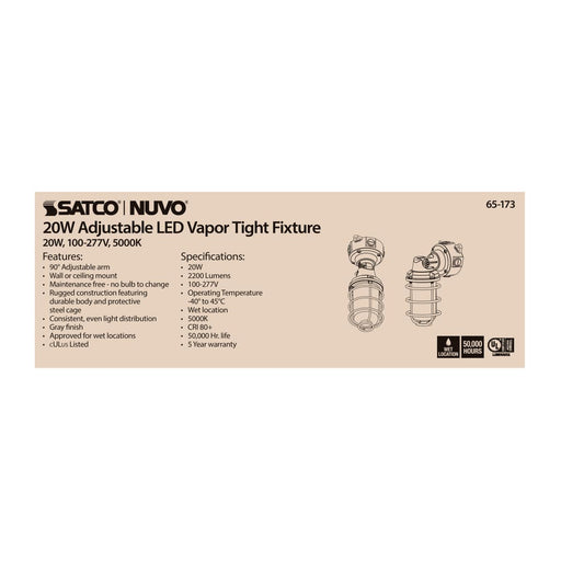 Vapor Proof Nuvo 65-173 LED Adjustable Vapor Tight Fixture - 20W - 5000K - Gray Finish - 100-277V Nuvo