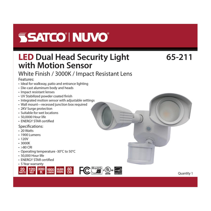 Security Lighting Nuvo 65-211 LED Security Light - Dual Head - White Finish - 3000K - Motion Sensor Nuvo