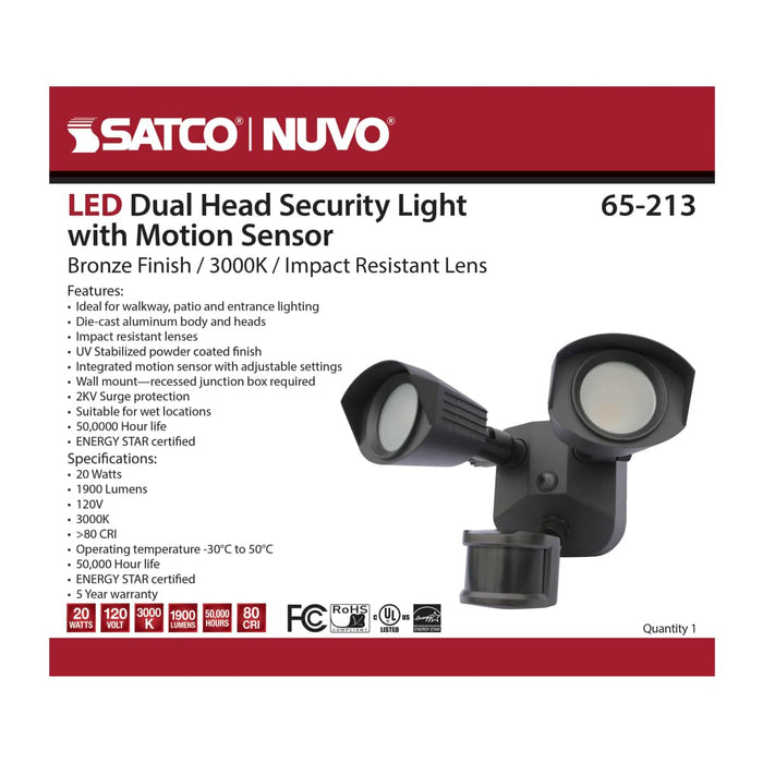 Security Lighting Nuvo 65-213 LED Security Light - Dual Head - Bronze Finish - 3000K - Motion Sensor Nuvo
