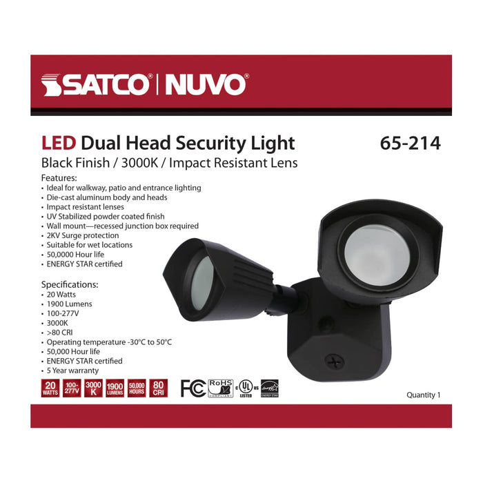 Security Lighting Nuvo 65-214 LED Security Light - Dual Head - Black Finish - 3000K Nuvo
