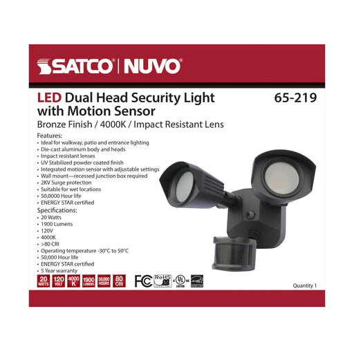 Security Lighting Nuvo 65-219 LED Security Light - Dual Head - Bronze Finish - 4000K - Motion Sensor Nuvo