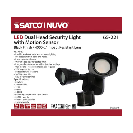 Security Lighting Nuvo 65-221 LED Security Light - Dual Head - Black Finish - 4000K - Motion Sensor Nuvo