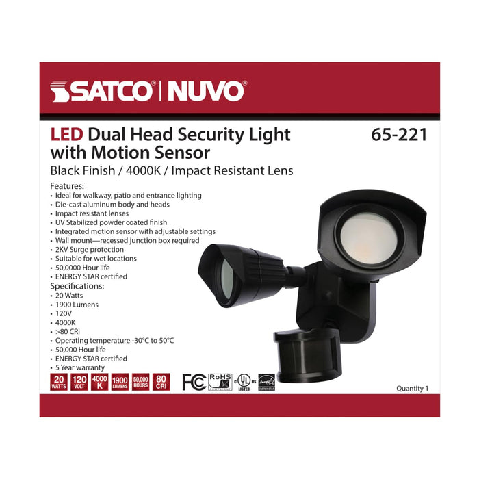 Security Lighting Nuvo 65-221 LED Security Light - Dual Head - Black Finish - 4000K - Motion Sensor Nuvo
