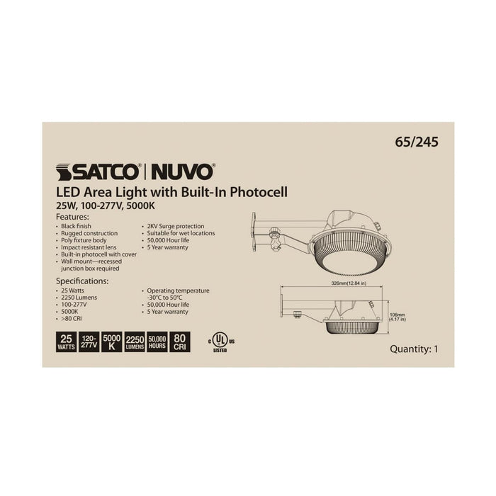 Area Light Nuvo 65-245 LED Area Light - 25W - Black Finish - 5000K - 120-277V Nuvo