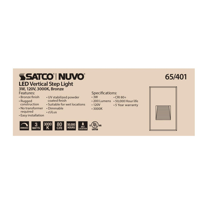 Step Light Nuvo 65-401 LED Vertical Step Light - 3W - Bronze Finish - 120V Nuvo