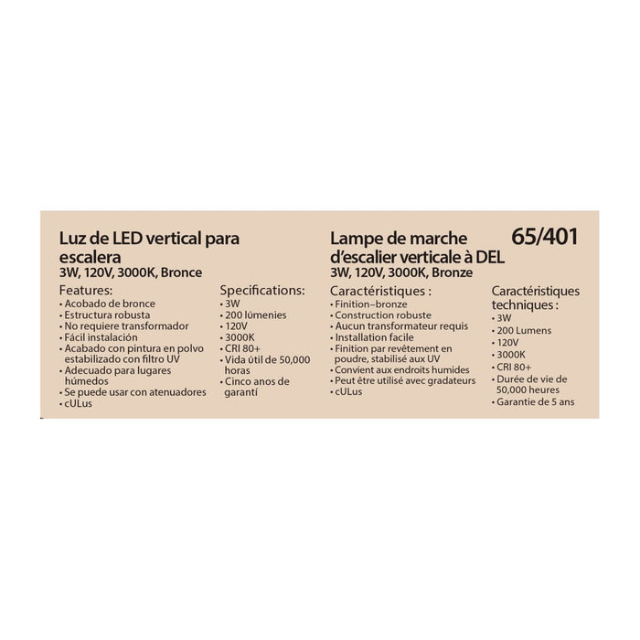 Step Light Nuvo 65-401 LED Vertical Step Light - 3W - Bronze Finish - 120V Nuvo