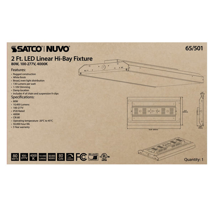 Linear Hi-Bay Nuvo 65-501 LED 2 ft. Linear Hi-Bay - 80W - 4000K - 100-277V - White Finish Nuvo