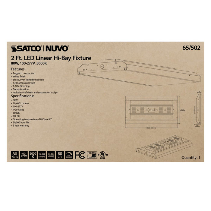Linear Hi-Bay Nuvo 65-502 LED 2 ft. Linear Hi-Bay - 80W - 5000K - 100-277V - White Finish Nuvo