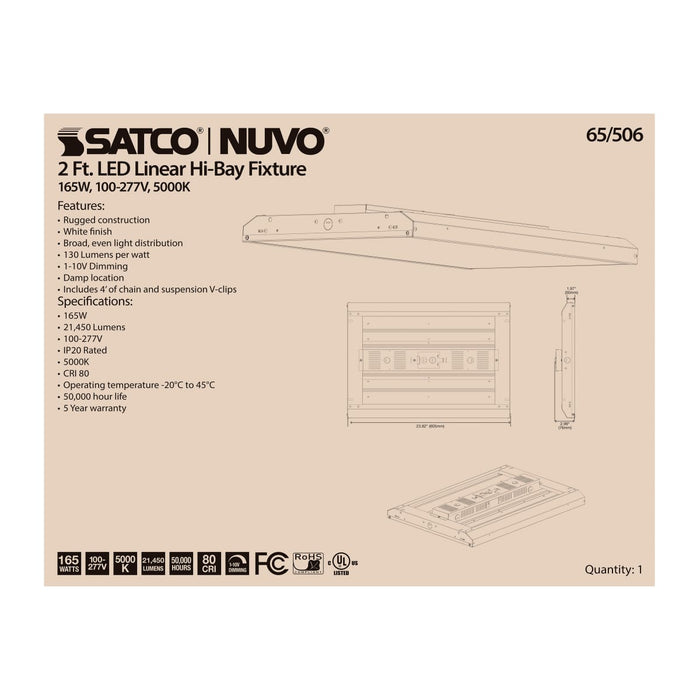 Linear Hi-Bay Nuvo 65-506 LED 2 ft. Linear Hi-Bay - 165W - 5000K - 100-277V - White Finish Nuvo