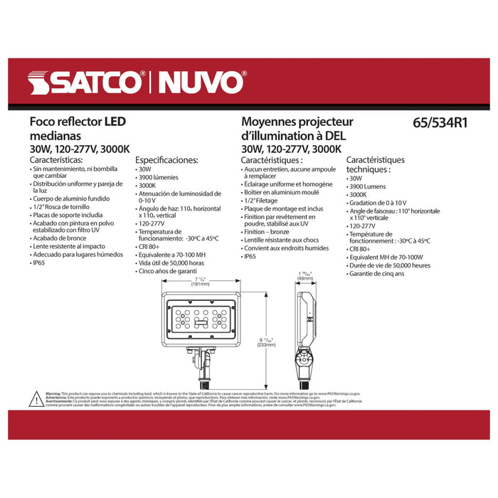 Flood Light Nuvo 65-534R1 LED Medium Flood Light - 30W - 3000K - Bronze Finish - 100V-277V - Dimmable Nuvo