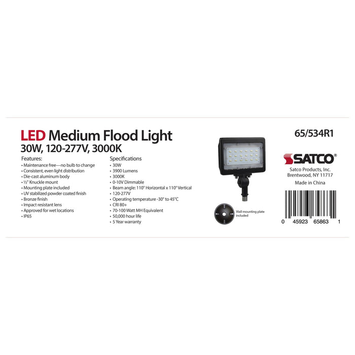 Flood Light Nuvo 65-534R1 LED Medium Flood Light - 30W - 3000K - Bronze Finish - 100V-277V - Dimmable Nuvo